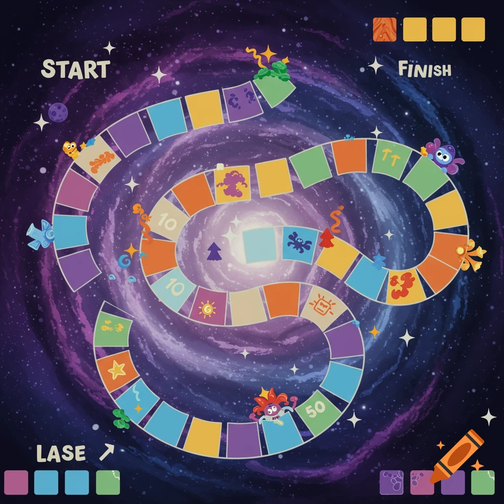 A cute cartoon board game in space with a winding path, start and finish labels, and colorful squares.