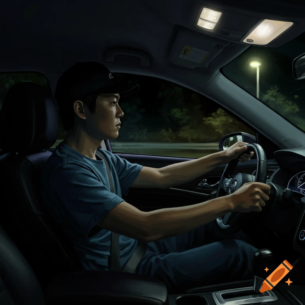A man drives a Nissan Altima at night, viewed from the passenger seat.