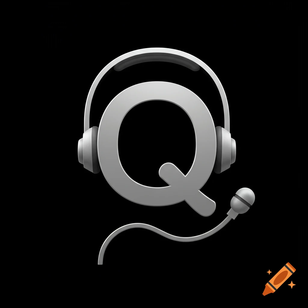 A silver stylized letter Q designed as headphones with a microphone on a black background.
