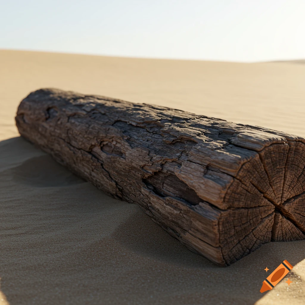 A weathered log lies on sand dunes under a clear sky.