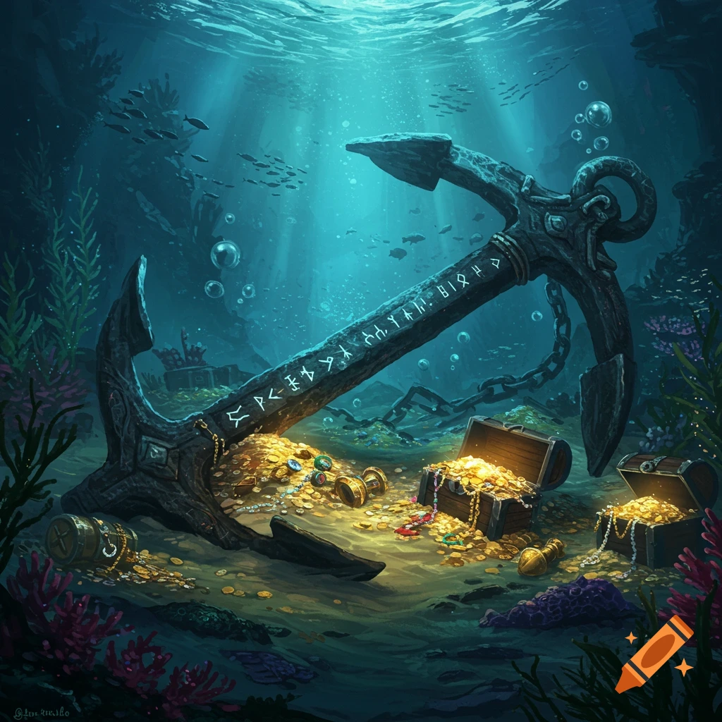 Illustrated scene of a large anchor surrounded by open treasure chests spilling gold coins and gems on the seabed.