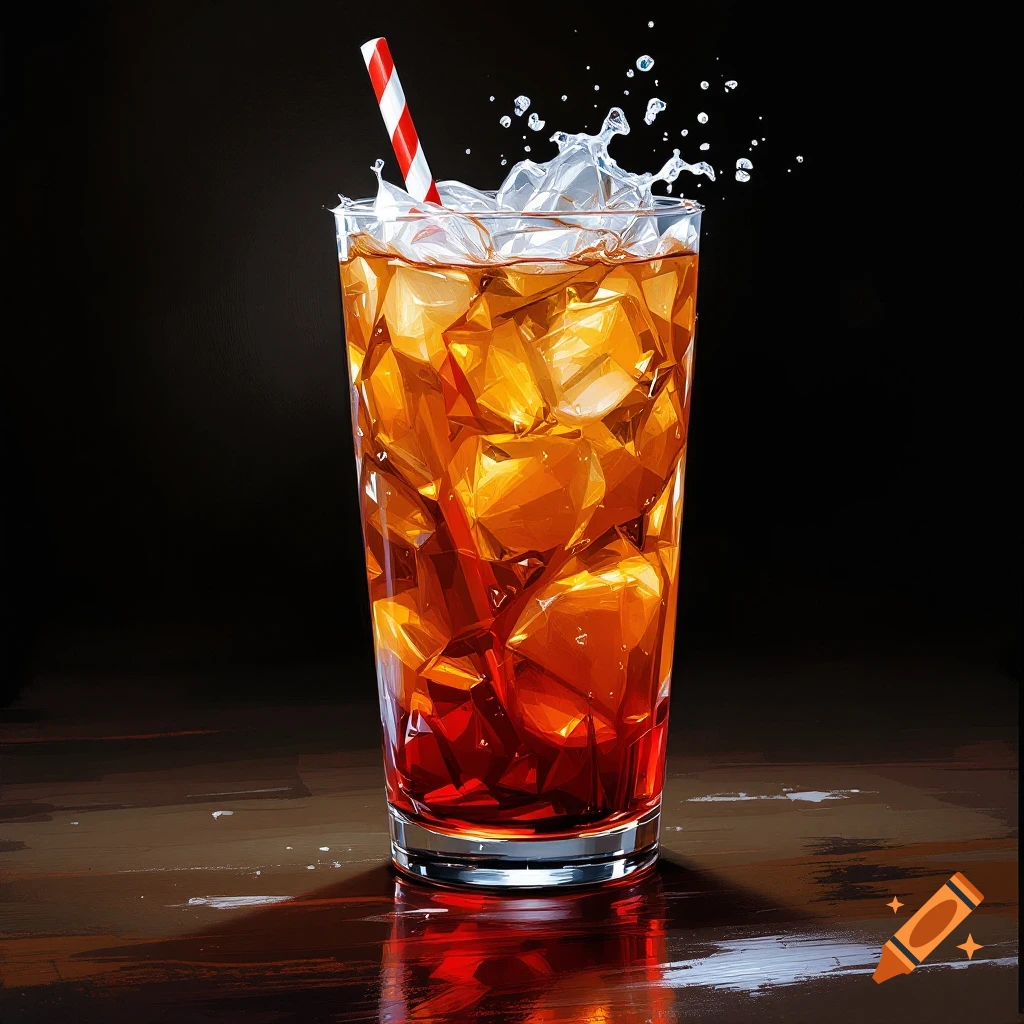 Tall glass of iced drink with a straw on a wooden table, splashing.