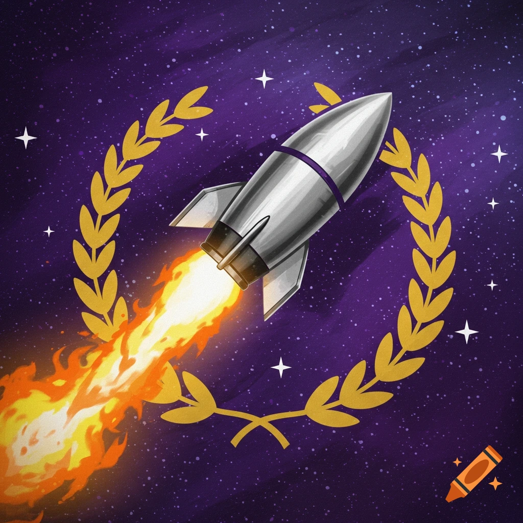 An illustration of a silver rocket inside a golden wreath against a purple starry background.
