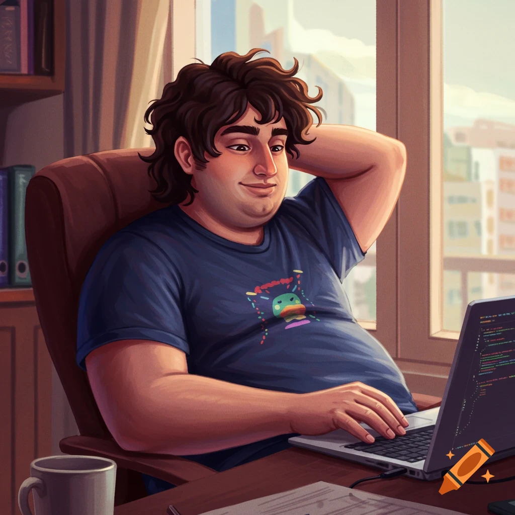 Chubby brunette guy coding at a laptop by a window, digital illustration.