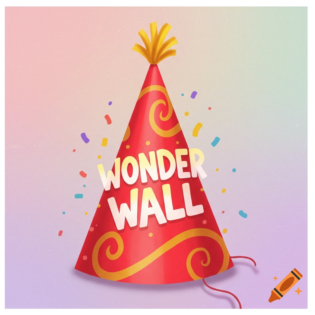 Red party hat with gold swirls and 'WONDER WALL' text, surrounded by confetti.