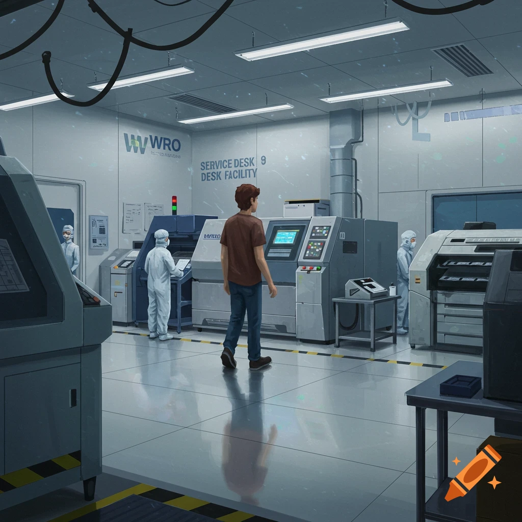 A person walks through a high-tech manufacturing facility with machines and workers in clean suits.