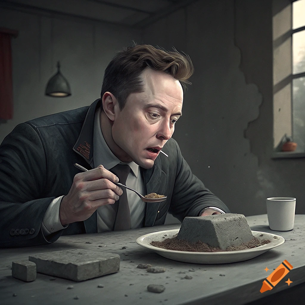 A man in a suit sits at a table, looking down at a plate of concrete and dirt, about to eat a spoonful.