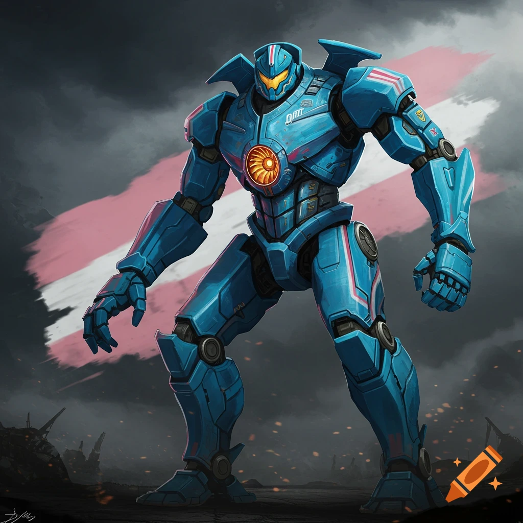 A blue giant robot with pink and white stripes stands in a destroyed landscape with a striped flag behind it.