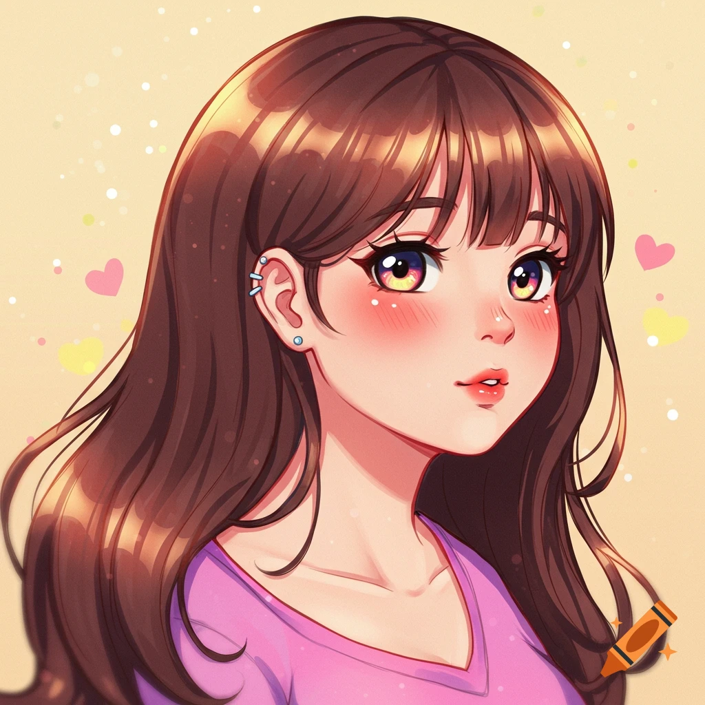 Anime portrait of a young woman with brown hair and piercings.
