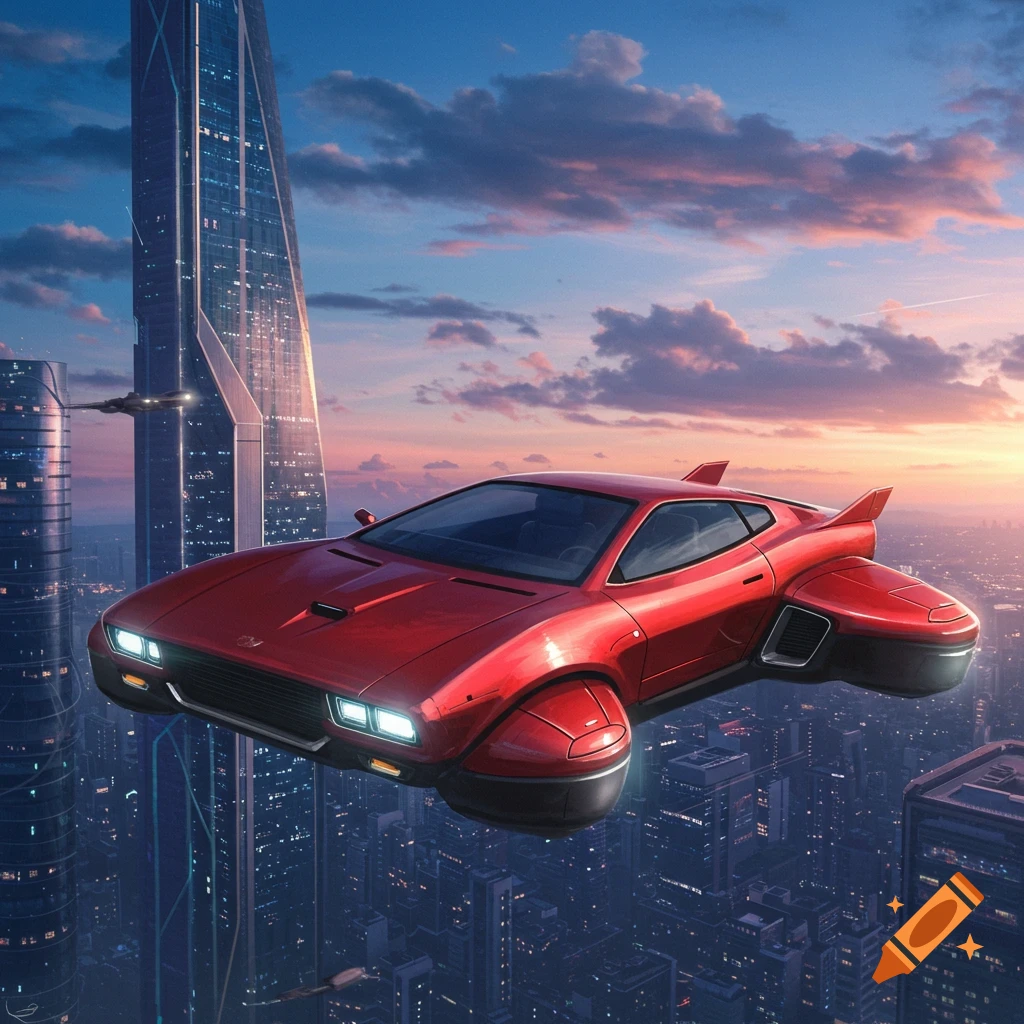 A red flying car soars over a futuristic city skyline at sunset.