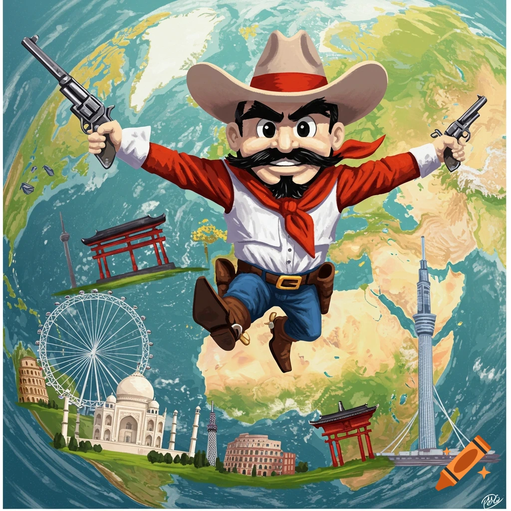 Cartoon cowboy mascot flying over a globe with landmarks in an illustration style.