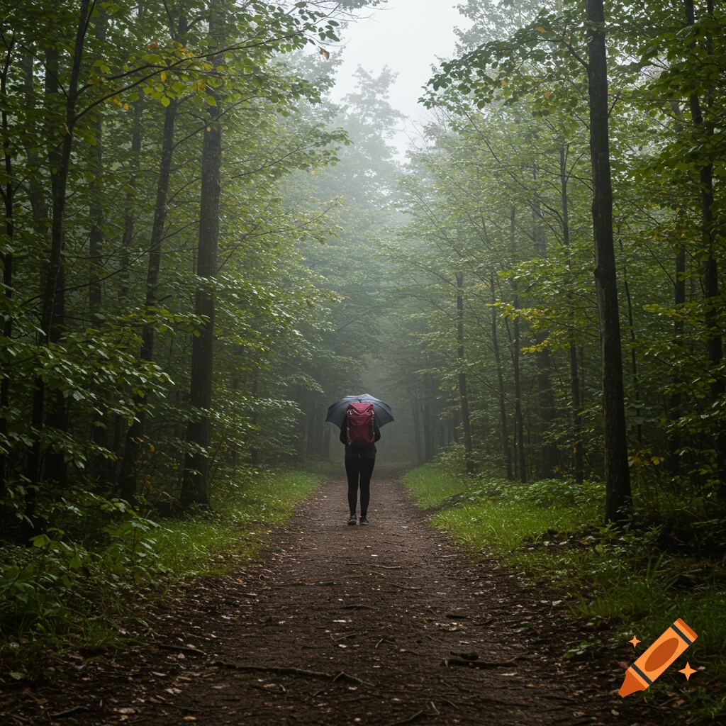 Person with umbrella and red backpack walking down a misty forest path