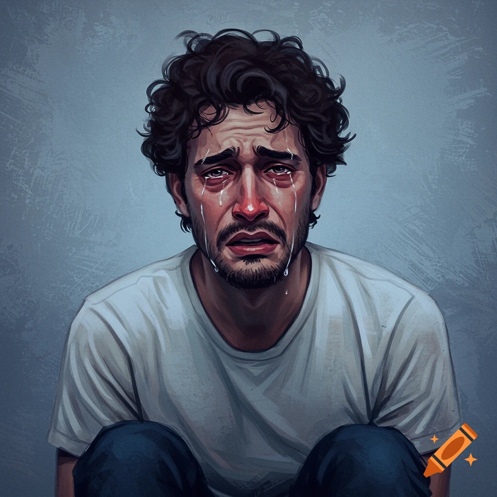 Illustration of a man crying with tears streaming down his face and a red nose.