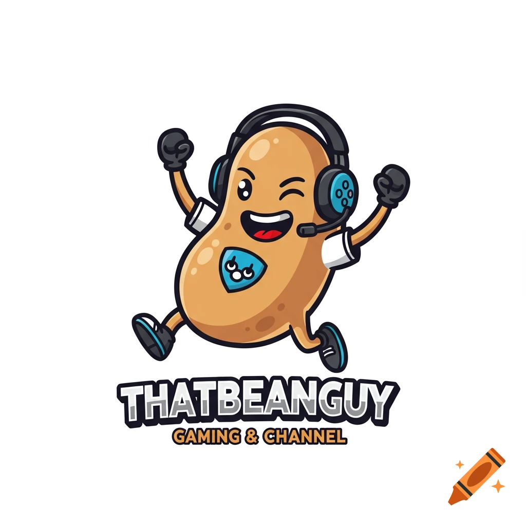 Cartoon logo of a potato wearing gaming headphones and running, with text 'THATBEANGUY GAMING & CHANNEL'.