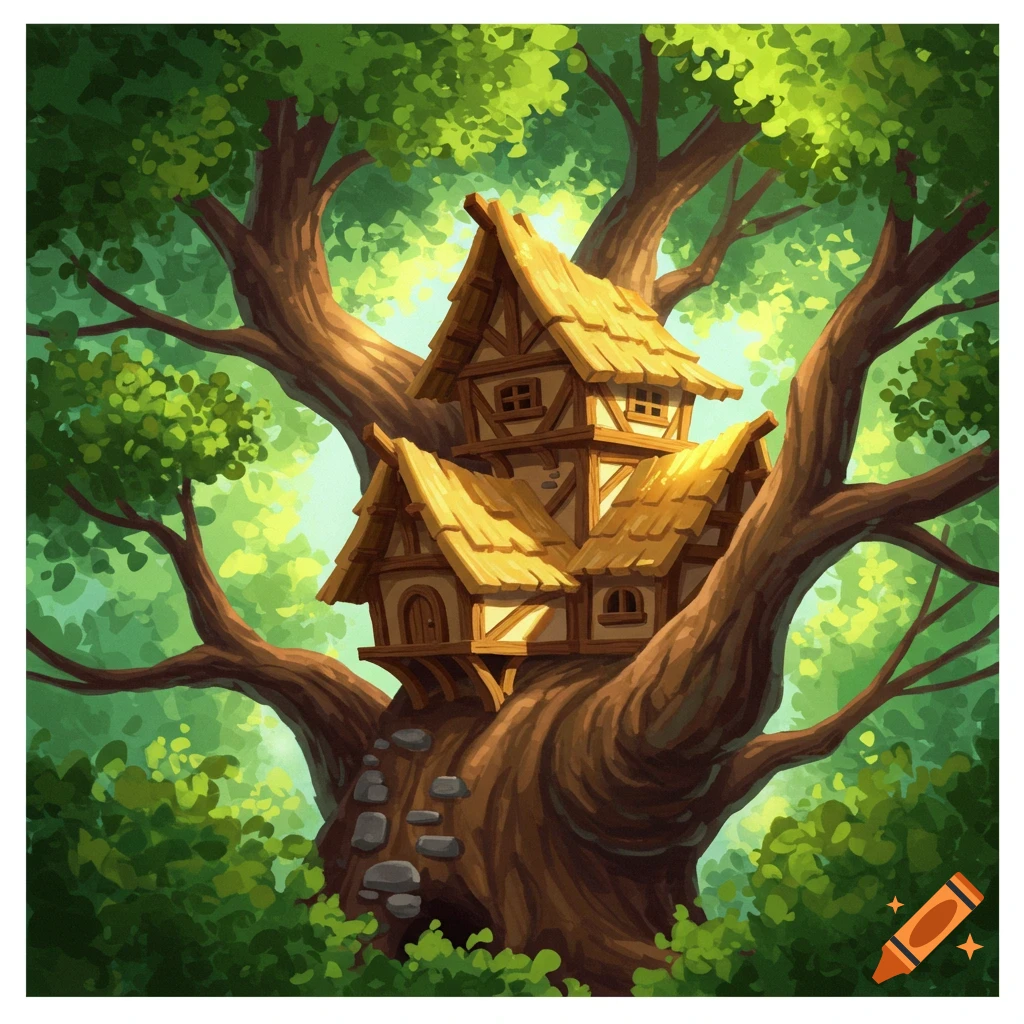 A whimsical treehouse nestled among the branches of a large tree in an illustrated fantasy style.