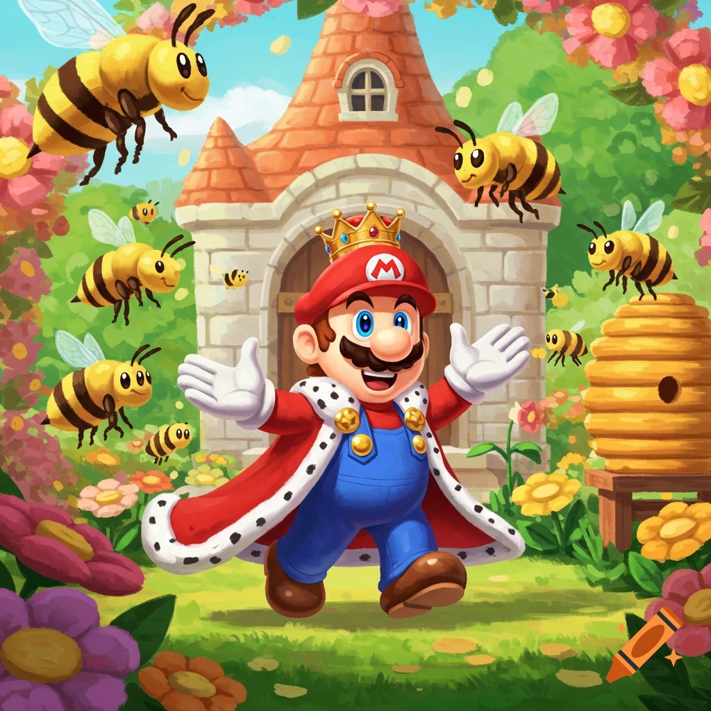 Mario dressed as a king is surrounded by friendly bees in a colorful garden with a beehive and small house, in an illustrated style.