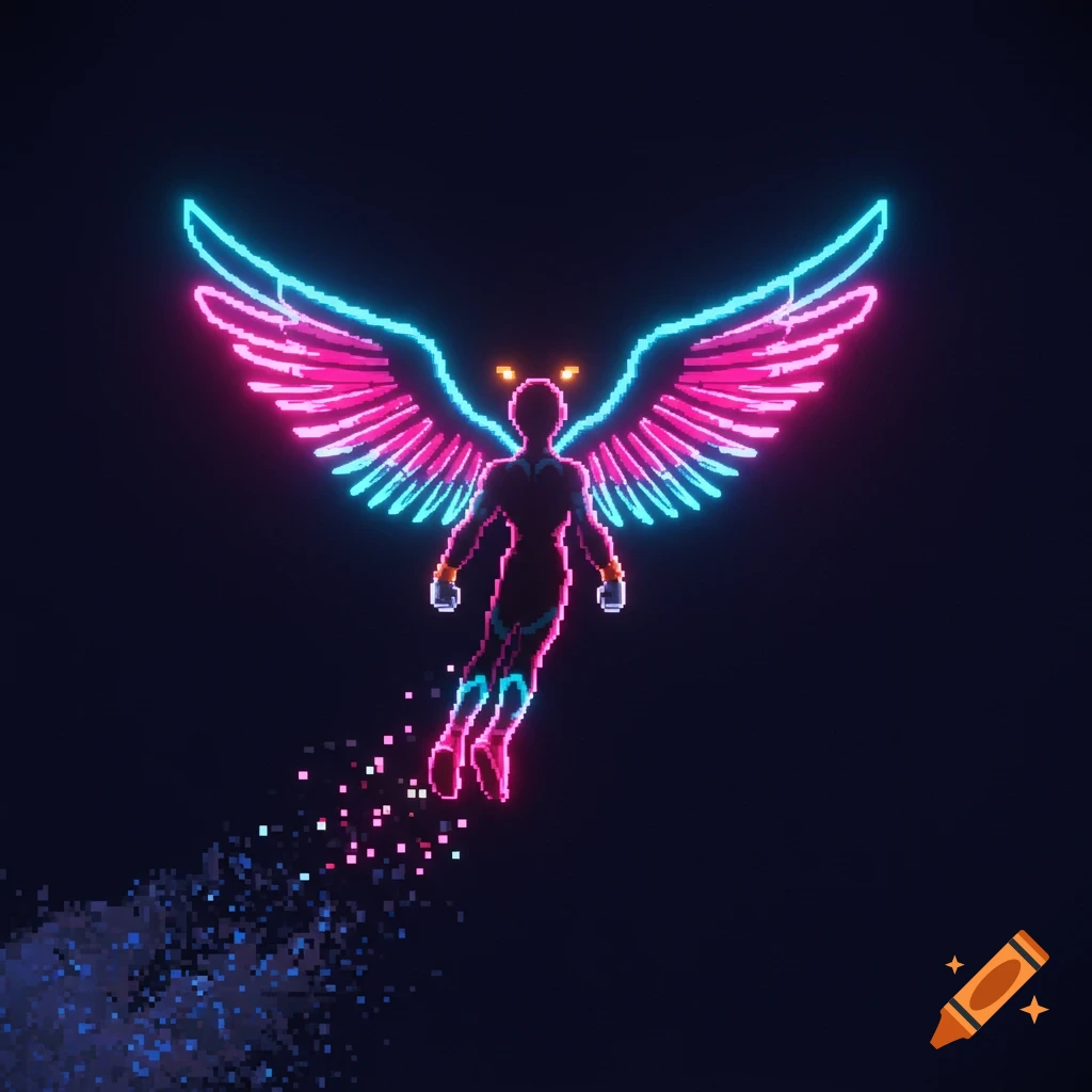 Pixel art neon figure with pink and blue wings flying