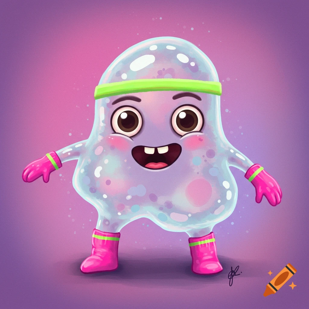 A cartoon amoeba character wearing a green sweatband and pink leg warmers and gloves.