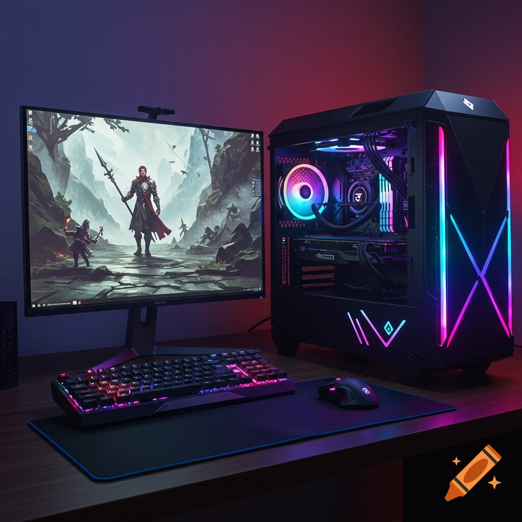 A gaming PC setup with a monitor displaying a fantasy scene, a keyboard, and a mouse, all illuminated with RGB lighting.
