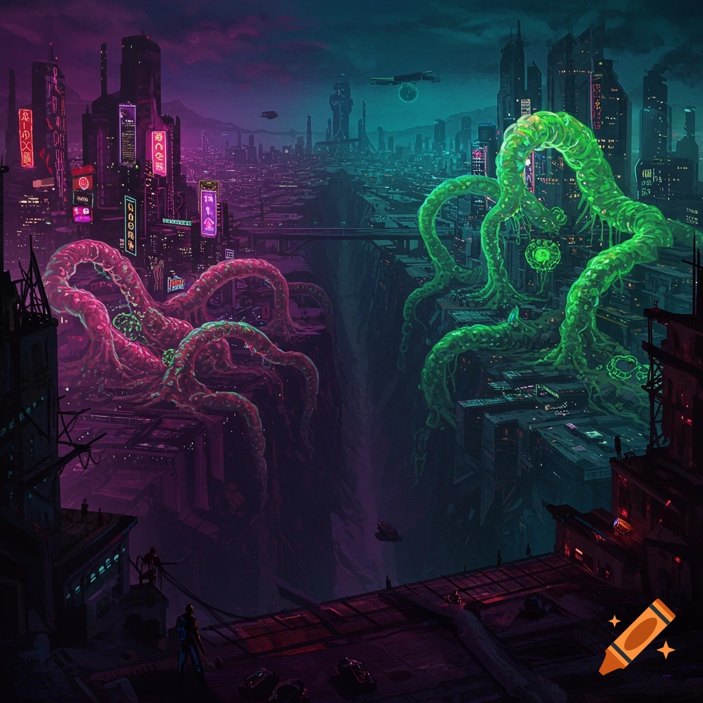 A dark, cyberpunk cityscape is being overwhelmed by giant, glowing pink and green tentacle monsters.