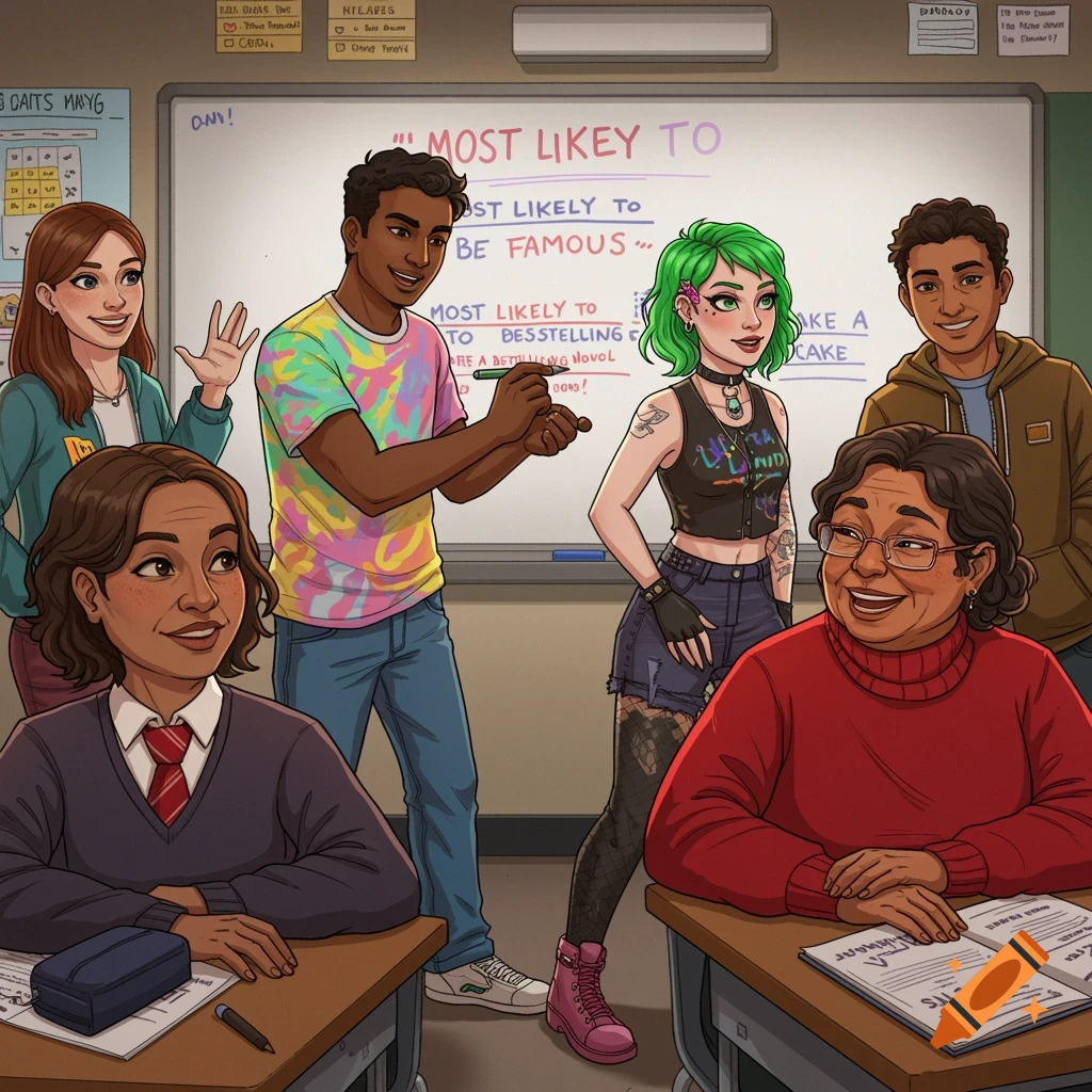 Cartoon illustration of diverse students and a teacher in a classroom.