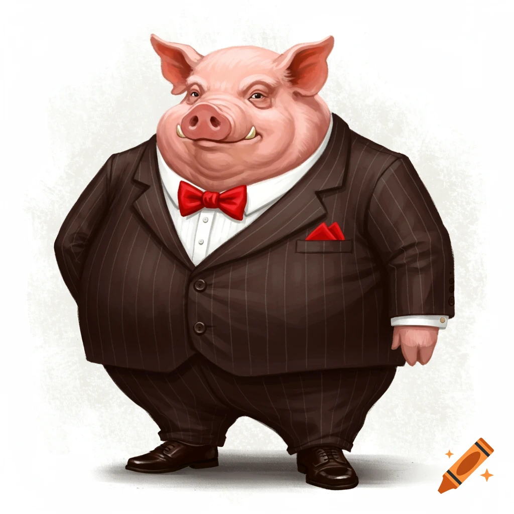 Illustration of a cartoon pig wearing a dark pinstripe suit, red bow tie, and pocket square.