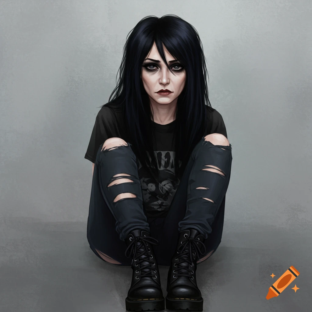 Image of a woman with dark hair and heavy makeup, wearing a black t-shirt and ripped jeans, sitting on the floor.