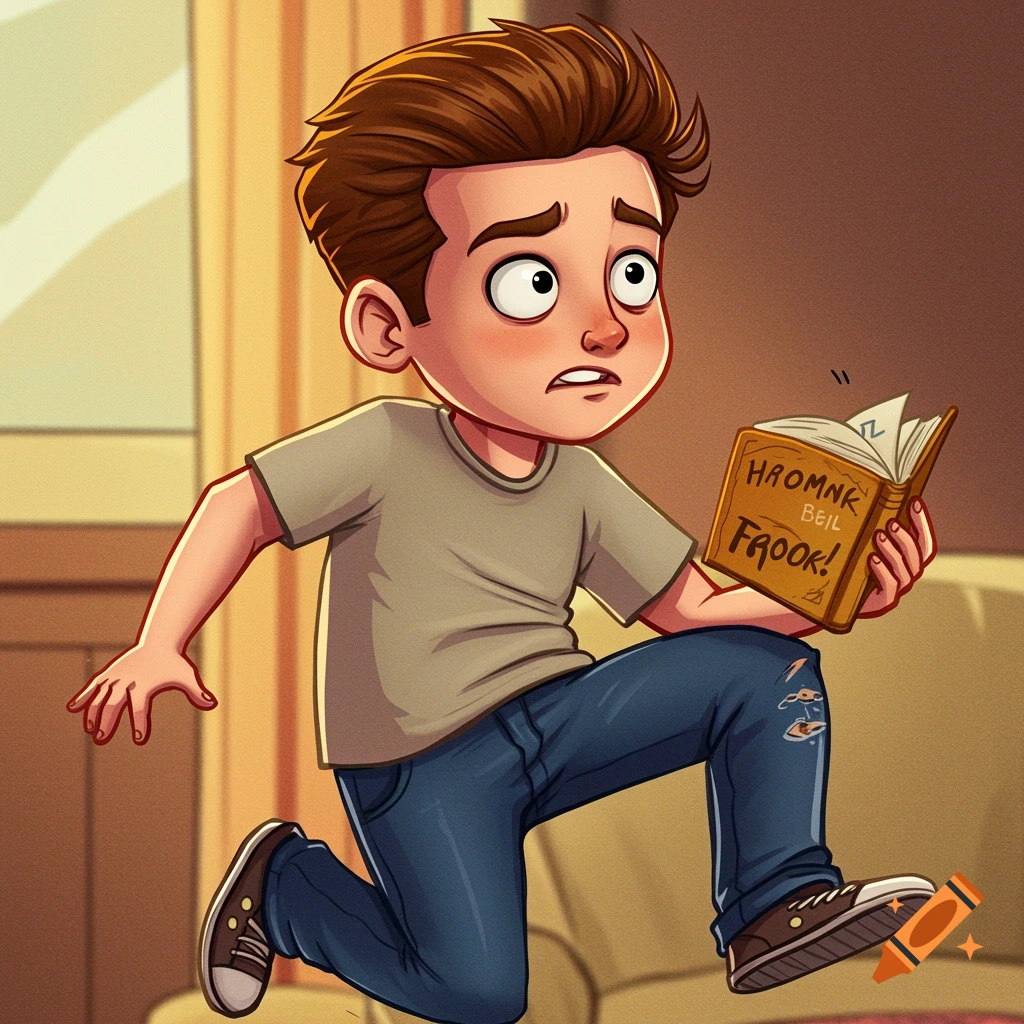 Cartoon boy looking surprised while holding a book with garbled text