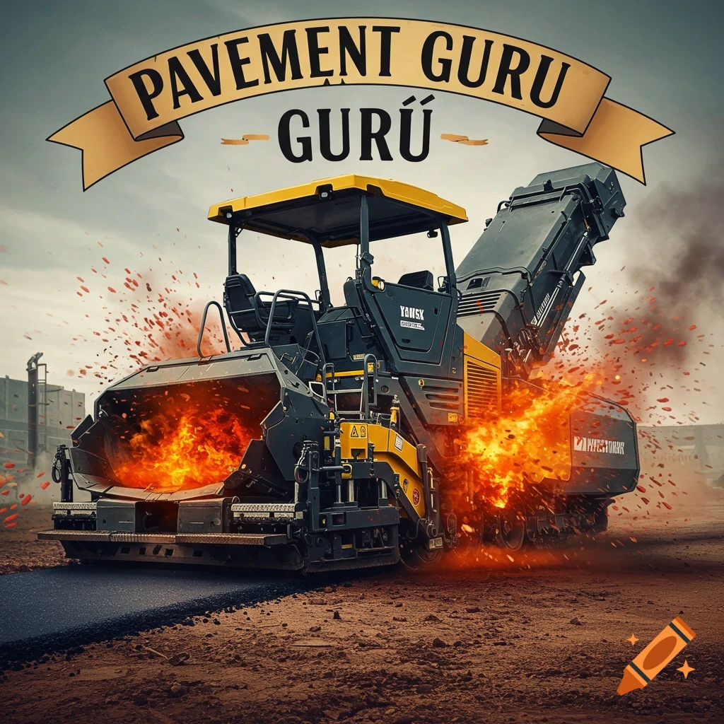 A powerful asphalt paver erupts with fire and a banner overhead saying 'PAVEMENT GURU GURÚ'.