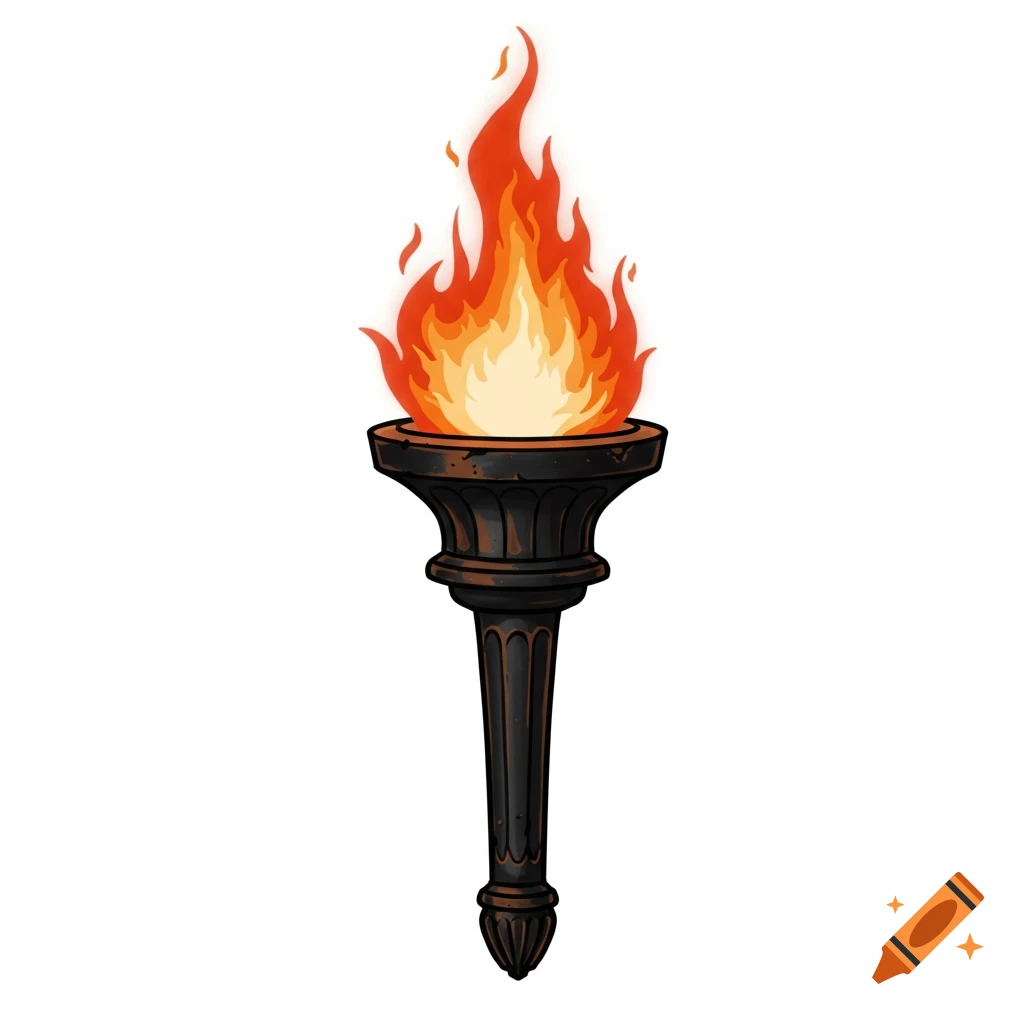 Illustration of an ancient Greek torch with an orange flame on a white background.