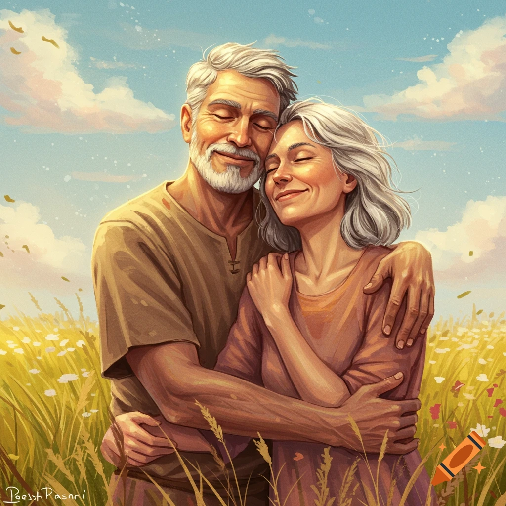 An older couple embraces in a sunlit field of grass and flowers under a blue sky with clouds.