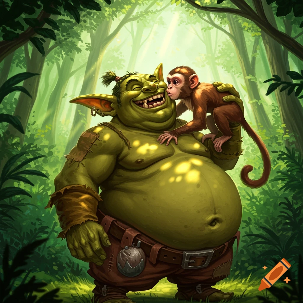 Fantasy illustration of a fat goblin kissing a monkey in a sunlit forest.