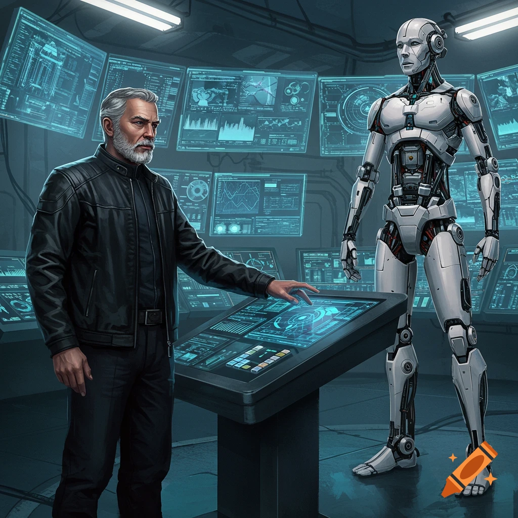 A man interacts with a control panel next to a robot in a sci-fi control room filled with screens showing data.