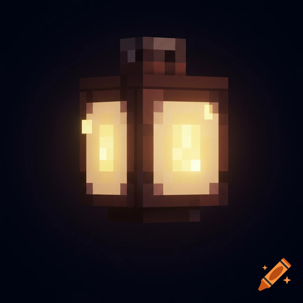 Pixelated Minecraft style lantern glowing in the dark