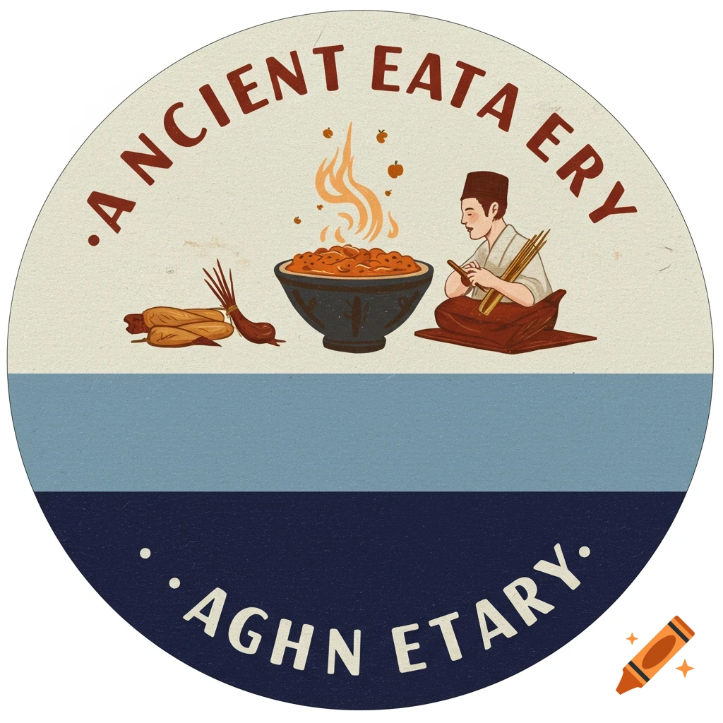 Round illustration token with an ancient eatery theme, showing a person cooking, ingredients, and text.