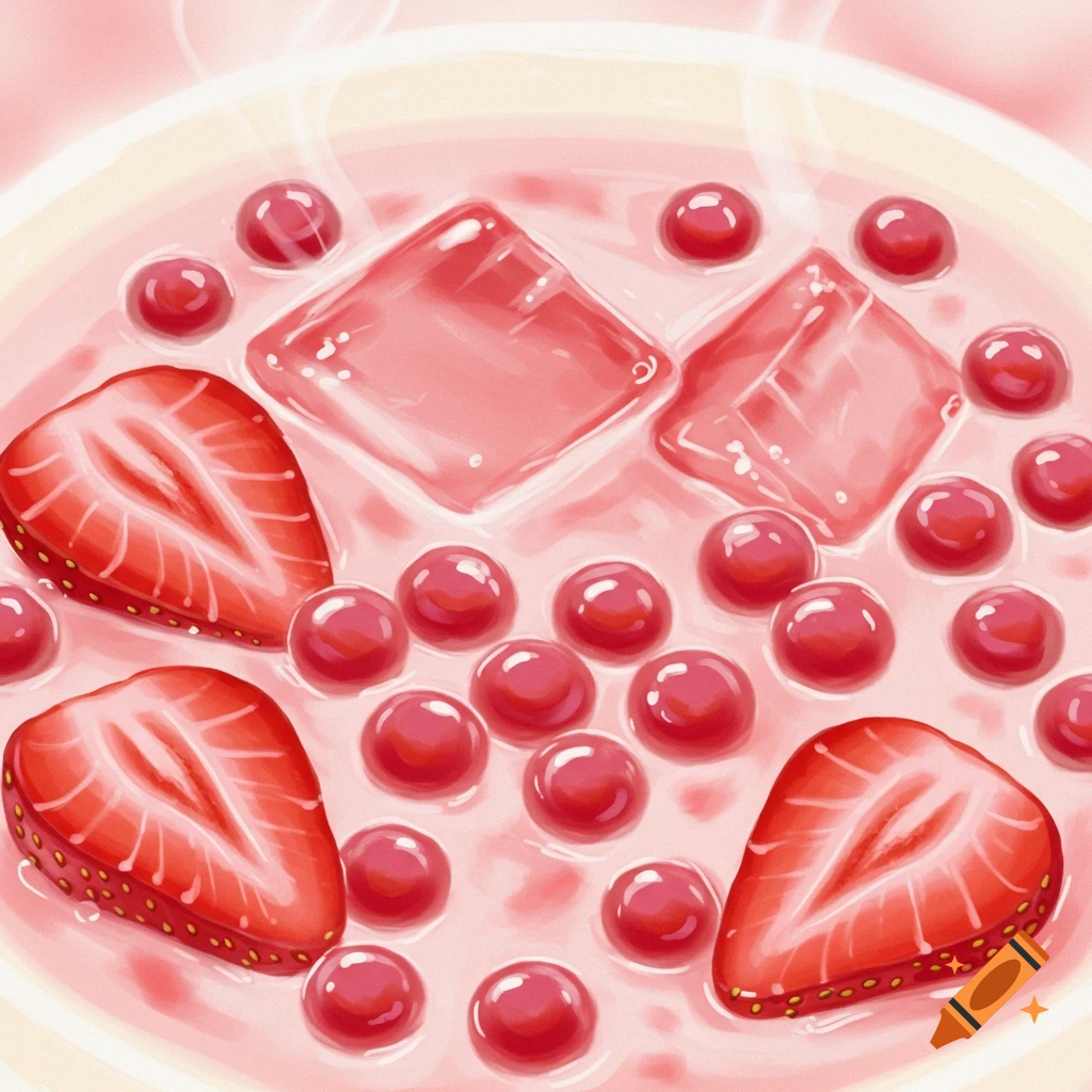 Close-up of pink strawberry boba tea with ice cubes and strawberry slices.