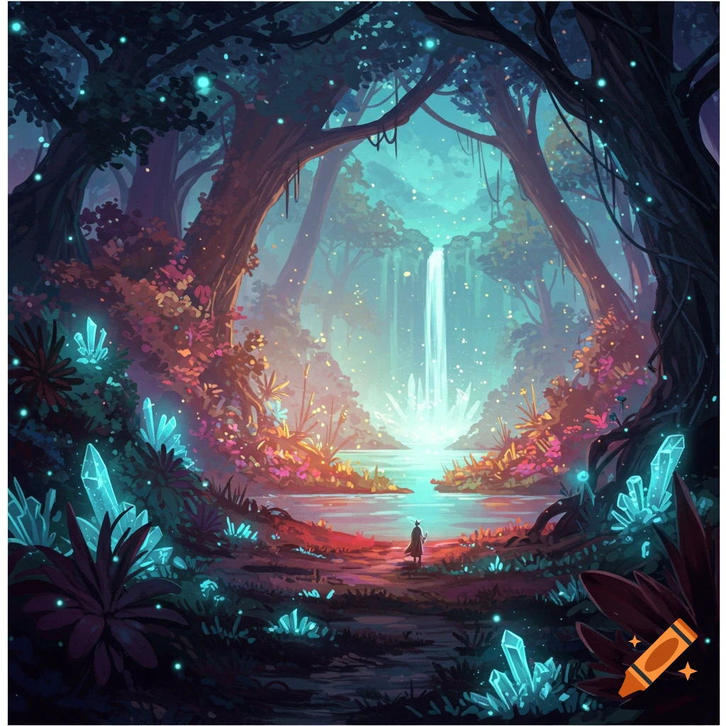 A cloaked figure stands before a glowing waterfall in a dark fantasy forest filled with bright blue crystals.