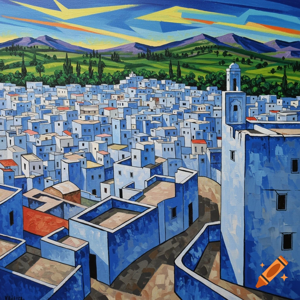 Cubist painting of a blue and white city nestled among green hills with mountains and abstract sky.