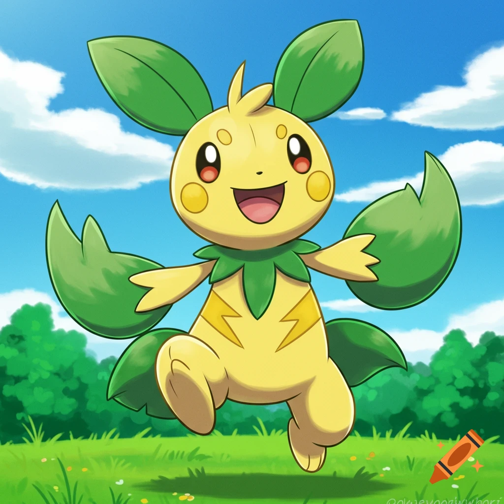 A yellow and green cartoon creature resembling a Pokemon runs in a grassy field.
