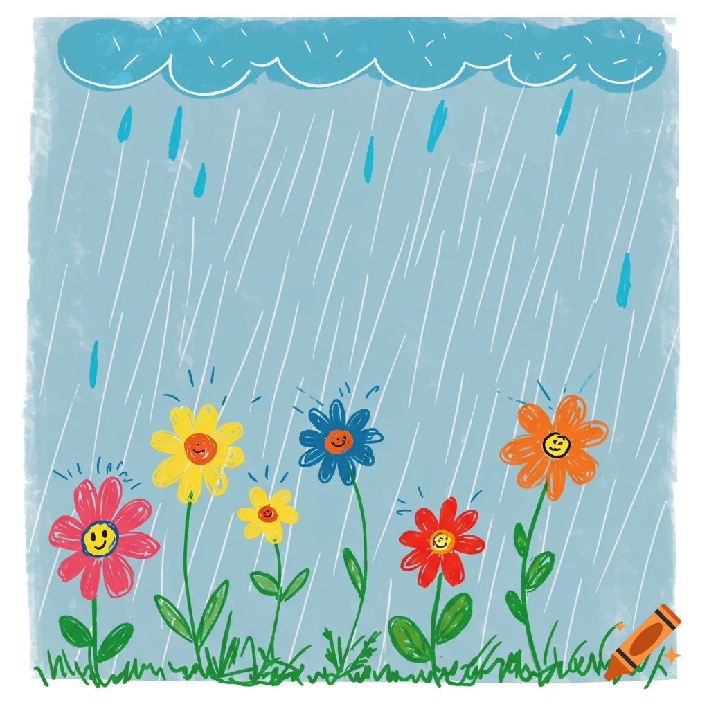 Childlike sketch of colorful flowers in the rain.