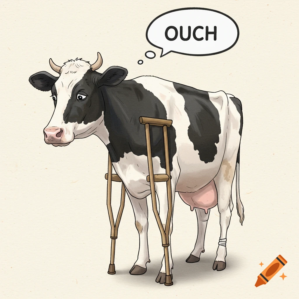 Cartoon illustration of a cow on crutches with a thought bubble saying OUCH
