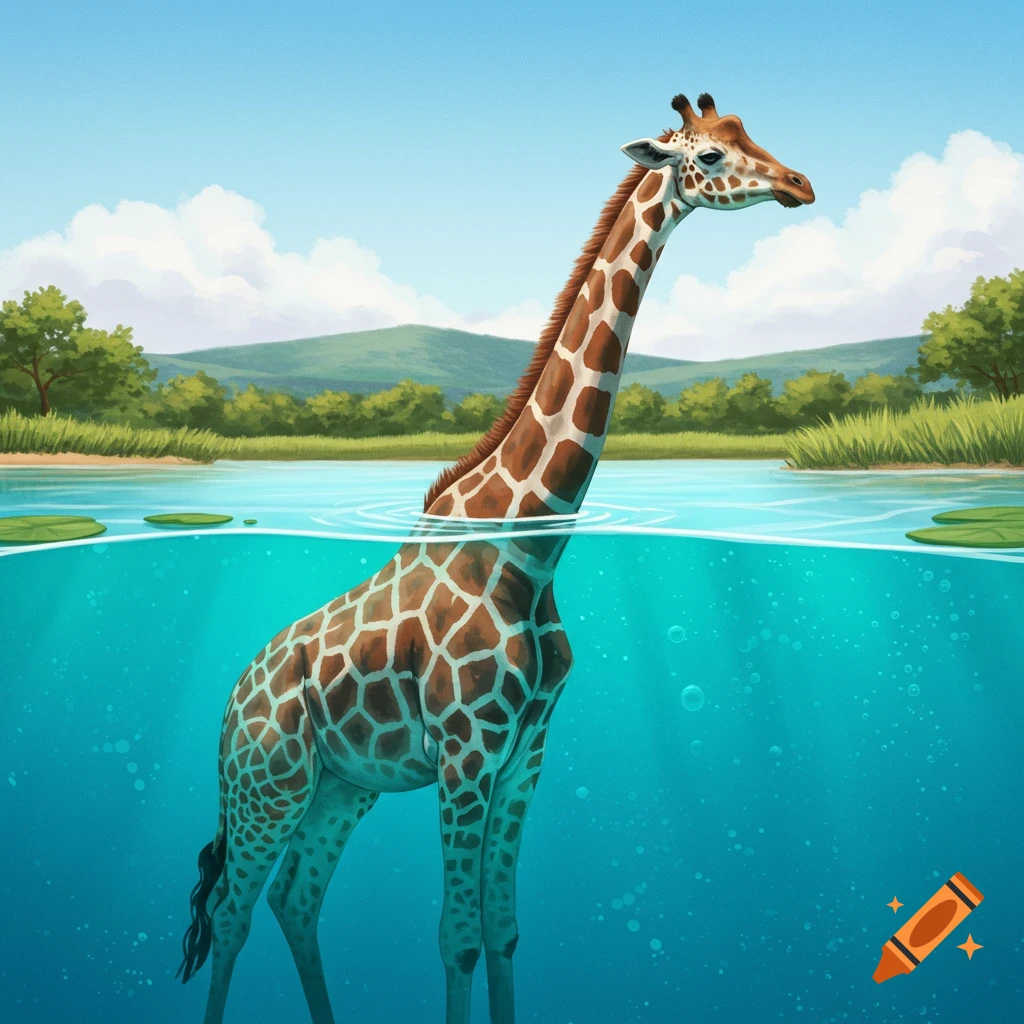 An illustration of a giraffe swimming in a lake with its head and neck above water.