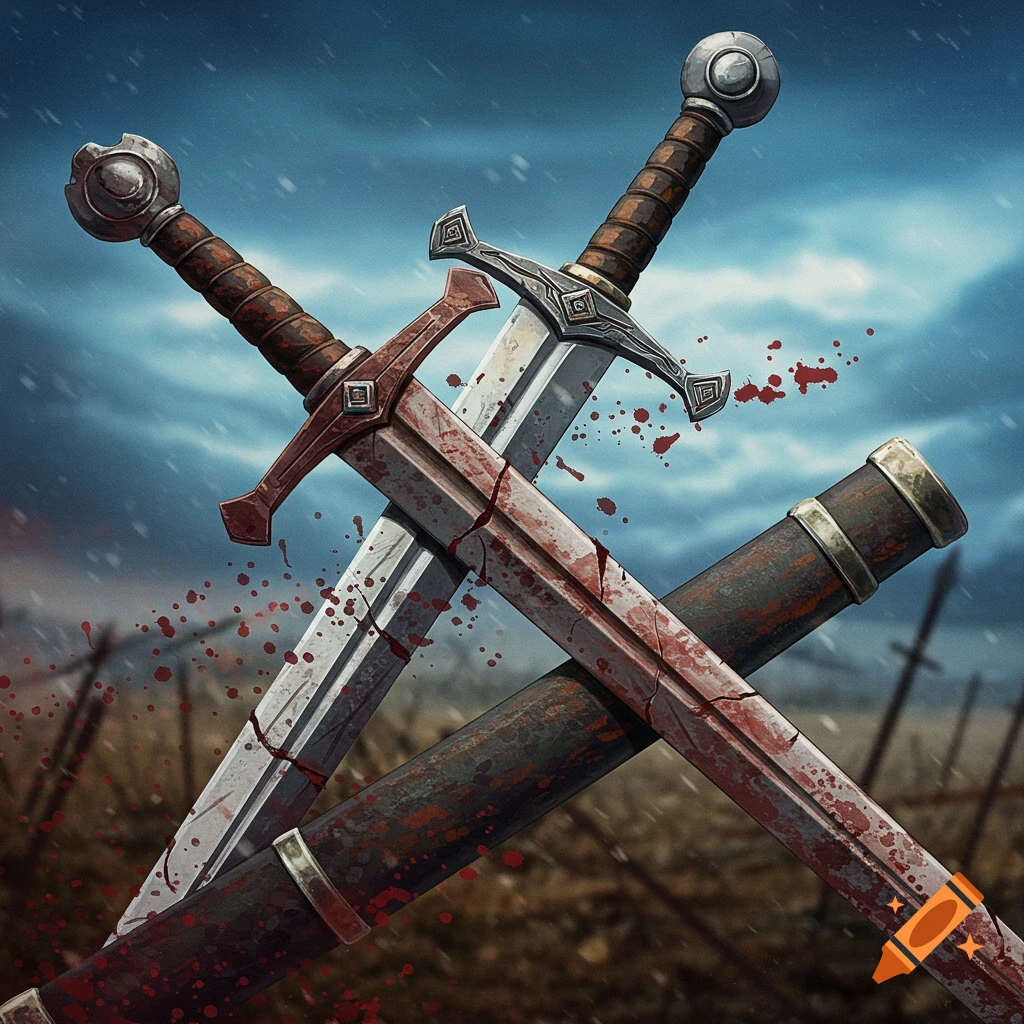 Two bloody fantasy swords crossed on a battlefield under a stormy sky.