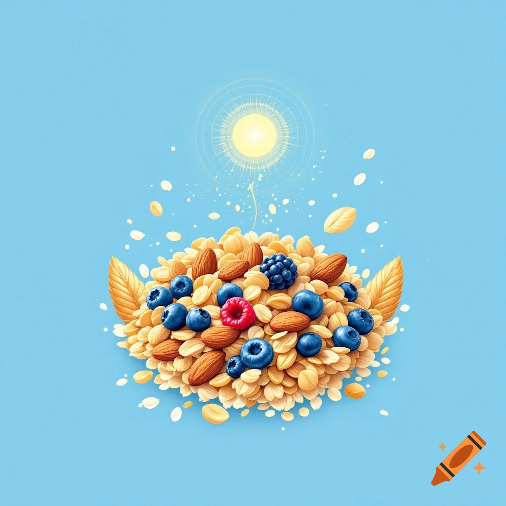 Illustration of a pile of oatmeal flakes, blueberries, raspberries, and almonds under a stylized sun on a blue background.