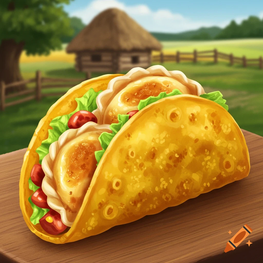 Stylized illustration of a perogi in a taco shell on a table in a countryside setting.