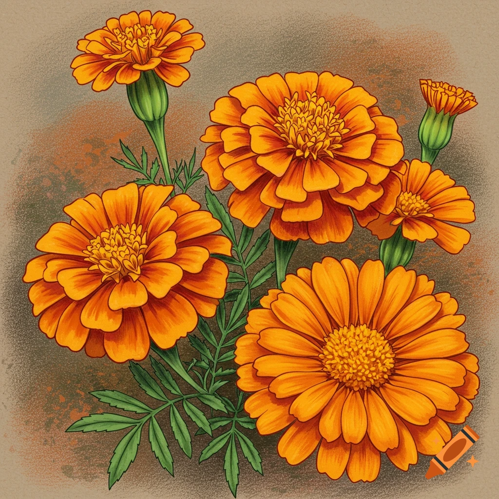 Drawing of orange marigold flowers and green leaves on a textured background.