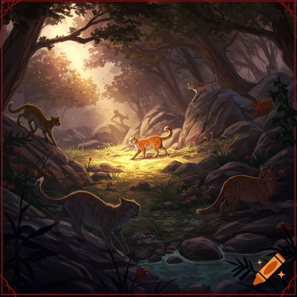 Several cats walk through a sunlit forest clearing among rocks and trees.