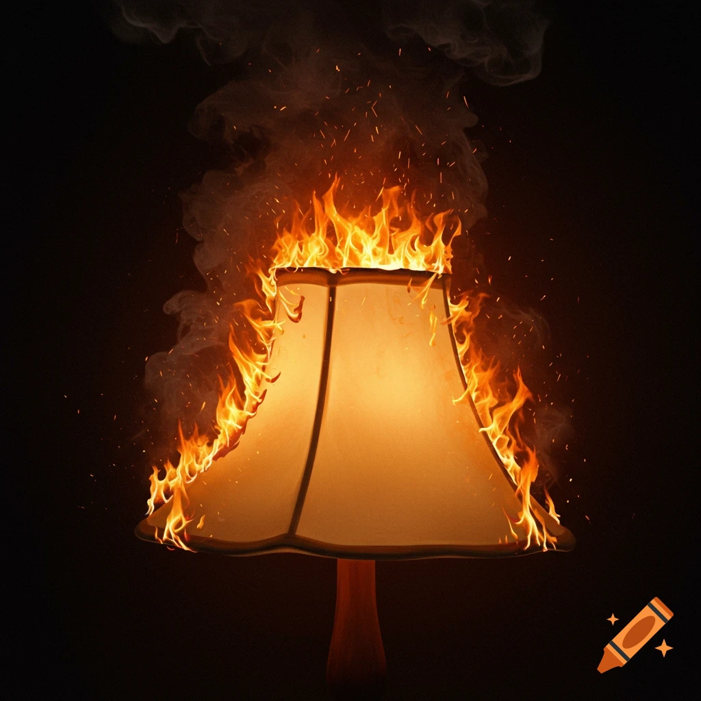 A lampshade is engulfed in realistic flames and smoke against a dark background.