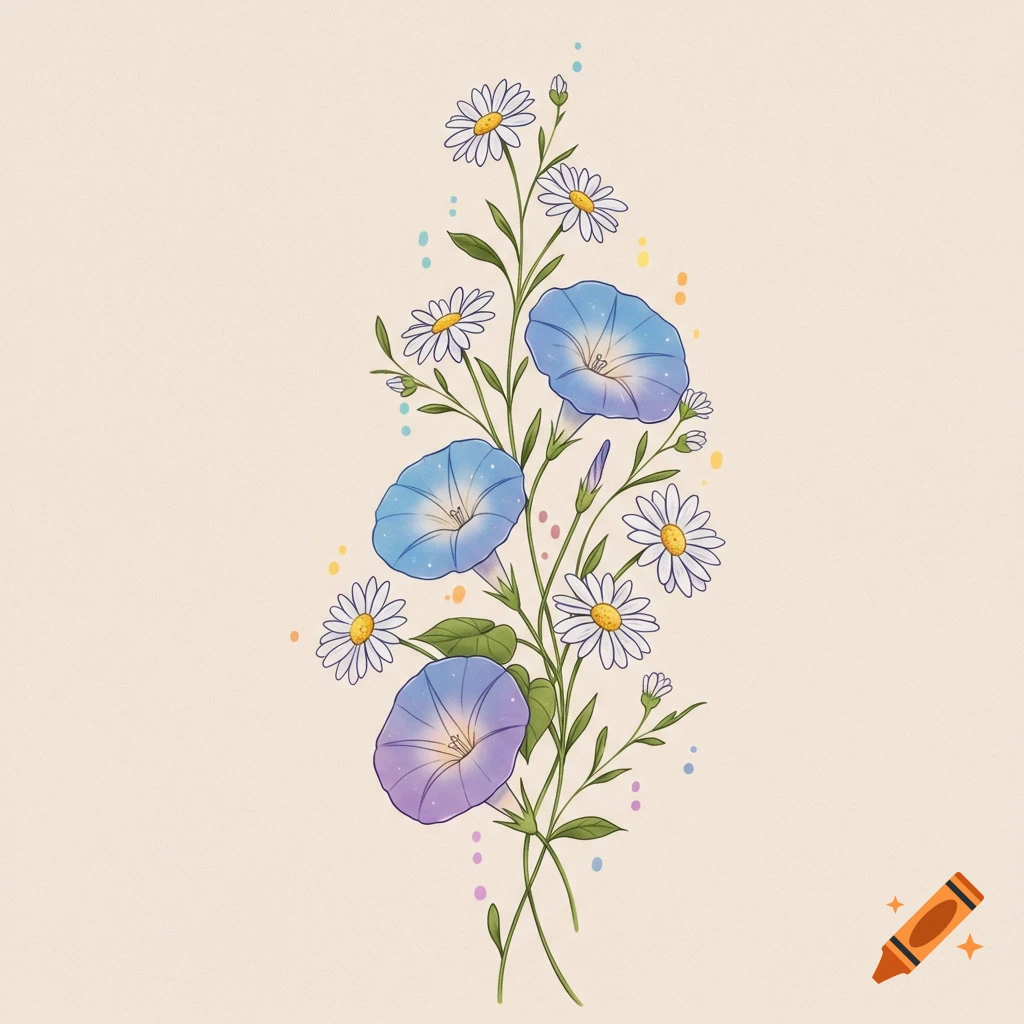 Fine line illustration of a morning glory and daisy vine with blue, purple, and white flowers.