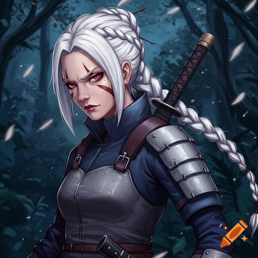 Digital art of a female fantasy warrior with white braided hair, red eyes, and face marks, wearing samurai armor and carrying a sword.